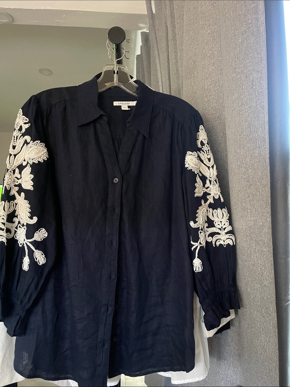 Chico's Black Button-Front Bodysuit Top with White Floral Embroidery